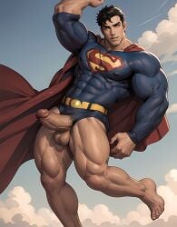 1boy abs abs_visible_through_clothing ai_generated aimenlover balls bara bottomless bottomless_male cape clark_kent_(my_adventures_with_superman) dc dc_comics flying gay genitals hero male male_only muscle muscles muscular muscular_arms muscular_male my_adventures_with_superman nipples nipples_visible_through_clothing penis penis_out stable_diffusion superhero superman tagme testicles