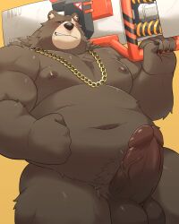 anthro balls bara bear ben_(zenless_zone_zero) ben_bigger boner erection furry male male_only muscles muscular o-ro overweight penis solo solo_male ursid zenless_zone_zero