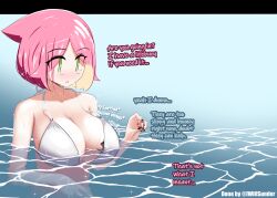 big_breasts bikini dialogue giantess iwillsunder rhea_sunder_(iwillsunder) size_difference swimming text