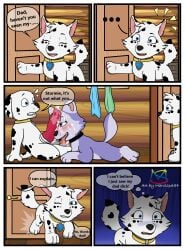 absurd_res animal_genitalia animal_penis balls blue_eyes blush bodily_fluids canid canine canine_genitalia canine_penis canis collar comic cum cum_on_face dalmatian daughter domestic_dog door_slam embarrassed english_text enjoying_view everest_(paw_patrol) fan_character fellatio female feral fur genital_fluids genitals group hi_res husky inside licking male male/female mammal marshall_(paw_patrol) marvispot84 nickelodeon nordic_sled_dog oral page_1 paw_patrol penile penis penis_lick sex spitz spots spotted_body spotted_fur stormie_(marvispot84) surprise_sex surprised_expression text tongue tongue_out trio