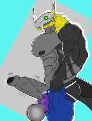 absurd_res balls bandai_namco big_penis blackwargreymon bodily_fluids bottomwear clothing digimon digimon_(species) dragon furry gay genital_fluids genitals hi_res humanoid jockstrap male meme mike_dramon mike_dramon_(artist) muscular muscular_male nipples pants pecs penis precum pulling_up_pants solo tight_pants_(meme) underwear