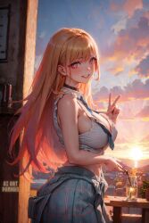 1girls ai_art_panwho ai_generated blonde_hair curvaceous curvy_female hi_res high_resolution huge_breasts kitagawa_marin looking_at_viewer peace_sign school_uniform schoolgirl seductive_look skirt solo solo_focus sono_bisque_doll_wa_koi_wo_suru stable_diffusion v