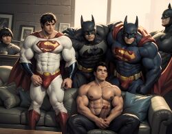 6boys ai_generated aimenlover bara batman batman_(series) bruce_wayne clark_kent conner_kent dc dc_comics dick_grayson gay hero kal-el kon-el male male_focus male_only muscles muscular muscular_male nightwing nipples penis sofa stable_diffusion superboy superhero superman superman_(series) tagme underwear