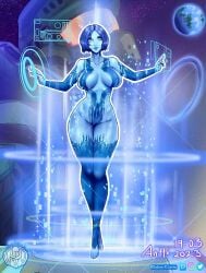 1boy 1girls blue_eyes blue_hair breasts cortana cortana_v2 female female_focus halo_(series) halo_4 hips large_breasts looking_at_viewer master_chief medium_hair saliere.r.carter thick_thighs thighs tummy wide_hips