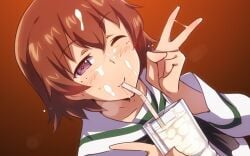 blush brown_hair cum cum_drinking cum_in_container cum_in_cup em_(totsuzen_no_hakike) facial female freckles girls_und_panzer gokkun looking_at_viewer one_eye_closed ooarai_school_uniform purple_eyes school_uniform short_hair simple_background solo tsuchiya_(girls_und_panzer) upper_body v