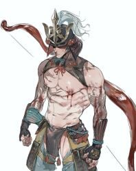 34am armor bare_chest blood bow_(weapon) bulge burn_scar covered_eyes fromsoftware genichiro_ashina helmet japanese_clothes kabuto_(helmet) loincloth male male_only muscular muscular_male nipple_piercing nipple_rings pecs samurai scars sekiro:_shadows_die_twice shaded_face solo veiny_muscles warrior weapon