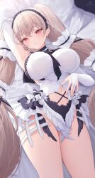 1girls alternate_costume azur_lane bed_sheet belly_button clothed clothing eyebrows_visible_through_hair female female_only fingerless_gloves formidable_(azur_lane) formidable_(timeless_classics)_(azur_lane) gloves huge_breasts light-skinned_female light_skin official_alternate_costume on_bed pillow red_eyes ring royal_navy_(azur_lane) snow_is_(fffafa-snow-is) solo white_bed_sheet white_pillow