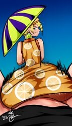 18lewdtriangle 1boy 1girls ambiguous_penetration ass big_ass big_butt blonde_hair blue_eyes dress eyebrows eyelashes fat_ass female large_ass light-skinned_female light_skin looking_back male mikita_(one_piece) miss_valentine one_piece partial_male sex sitting sitting_on_person umbrella watermark