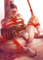 anal_hair blush body_hair bondage bulge closed_eyes drooling fromsoftware fundoshi gag gagged gagging hairy japanese_clothes lehanan male male_only male_pubic_hair off_shoulder rope rope_bondage scars sekiro sekiro:_shadows_die_twice sitting solo spread_legs stubble tabi tied_hair