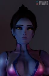 1girls 3d alternate_hairstyle amelie_lacroix blender blizzard_entertainment blue_body blue_skin bodysuit breasts female female_only looking_away overwatch solo vivans widowmaker yellow_eyes