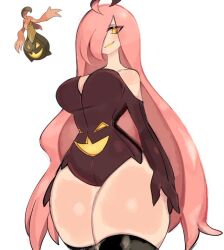 1girls 2020s 2023 ahoge bare_shoulders big_breasts bottom_heavy breasts cleavage clothing female gourgeist hair_over_one_eye halloween humanized humanized_pokemon humanoid leotard long_hair lowres nintendo one_eye_obstructed pink_hair pokemon pokemon_(species) pumpkin smug solo thick_thighs thighhighs thighs thin_waist usa37107692 yellow_eyes