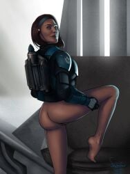 1girls armor ass barefoot blue_clothing bo-katan_kryze bottomless bottomless_female chair clothing eyes feet female female_only genitals gloves hair half-dressed headband headgear human human_only indoors jetpack kalevala_(planet) katee_sackhoff leg_up legs legs_up light-skinned_female light_skin lips long_sleeves looking_at_viewer looking_back looking_back_at_viewer mandalorian mandalorian_armor open_eyes partially_clothed pose pussy rear_view red_hair sassafras scar science_fiction shirt short_hair side_view soles solo standing star_wars the_mandalorian throne vambraces