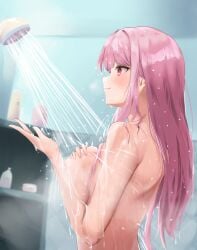 1girls breasts casual female female_focus female_only full_color hololive hololive_english hololive_myth human large_breasts mori_calliope naked_female paiiart paiien pale_skin pink_hair showering smiling solo virtual_youtuber