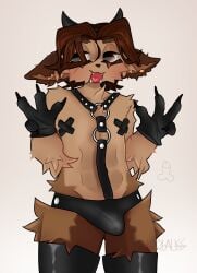 1boy 2d 2d_(artwork) animal_nose anthro arms bare_hips bare_shoulders bdsm_suit big_ears brown_body brown_fur bulge chain chest close-up color commission cross deer ears eyebrows eyes eyes_open face feet_out_of_frame fingers full_body fur furry furry_male furry_only gachi gachi_hoochi gloves hair hands head hips horns humanoid legs long_ear long_ears male male_focus male_only mammal mammal_humanoid man mouth mouth_open multicolored_body multicolored_fur muscles neck nikolaussuwulf nipples no_humans no_pants no_shirt nose open_eyes open_mouth panties pantsless partially_clothed penis pointy_ears pupils scars shirtless shirtless_(male) shirtless_anthro shirtless_male shoulders simple_background solo solo_focus solo_male standing stomach thighhighs thighs thong underwear