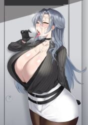 1girls absurdres azur_lane belt black_collar black_gloves black_shirt black_undershirt blush breasts chkalov_(azur_lane) cleavage collar commentary_request corrupted_file cum cum_on_body cum_on_breasts door facial fellatio_gesture female female_only gloves grey_hair hand_up highres huge_breasts indoors light-skinned_female light_skin long_hair looking_at_viewer multiple_belts noe_(ppppriver) northern_parliament_(azur_lane) open_mouth pantyhose shiny_skin shirt skirt solo standing star_(symbol) steam striped striped_shirt tongue tongue_out undershirt white_skirt yellow_eyes