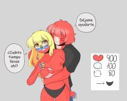 1boy 1girls blush countryhumans countryhumans_girl ecuador_(countryhumans) female grabbing_breasts gray_background heart hug huge_breasts male peru_(countryhumans) red_body red_nipples red_skin simple_background spanish_text strip_game text underwear yellow_hair