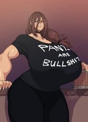 big_breasts choker curvy dark_hair dmxwoops huge_breasts humor looking_at_viewer mature_female milf muscular_arms original original_character t-shirt tan_skin tight_clothing wide_hips