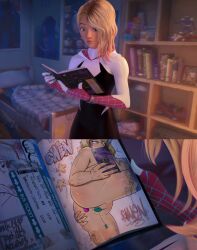 1girls accurate_art_style ass blonde_hair bodysuit book buttplug canonical_scene dildo drawing female female_masturbation female_only gwen_art_check gwen_stacy holding_object holding_phone light-skinned_female light_skin lord_kjonn marvel masturbating masturbation meme nude nude_female nudity phone self_upload selfie sex_toy slut solo spider-gwen spider-man:_into_the_spider-verse spider-man_(series) surprised taking_picture teenager vibrator white_skin whore