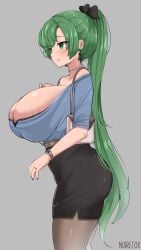 1girls alternate_breast_size artist_name ass bag blush breasts casual casual_clothes cleavage collarbone contemporary earrings female fire_emblem fire_emblem:_the_blazing_blade green_eyes green_hair hair_ribbon high_ponytail highres huge_breasts jewelry large_ass long_hair low_neckline lyn_(fire_emblem) milf necklace nintendo noiretox pantyhose pencil_skirt png purse ribbon shoulder_bag simple_background skirt smile solo thick_thighs thighs watch wristwatch