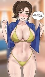 1girls bikini bikini_bottom bikini_top blue_shirt blush breasts brown_eyes brown_hair cleavage ear_piercing earrings english english_text female female_only game_freak huge_breasts large_breasts lepypepy mature mature_female mature_woman milf mother mother_(pokemon_sv) open_shirt pokemon pokemon_sv shirt smile solo speech_bubble steam steaming_body steamy_breath sweat sweatdrop sweaty swimwear text thighs topwear yellow_bikini