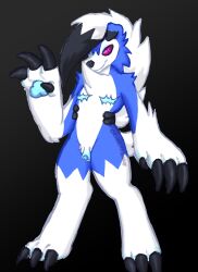 absurd_res andromorph anthro blue_body clawed_fingers claws crunchybone cuntboy dusk_lycanroc furry generation_7_pokemon glowing glowing_eyes hi_res intersex lycanroc mastectomy_scar nintendo paws pokemon pokemon_(species) scar shiny_pokemon solo toe_claws