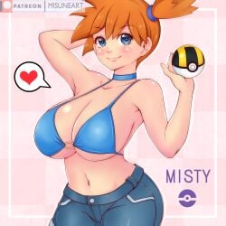 1girls absurdres alternate_breast_size asymmetrical_hair bikini blue_eyes blush breasts cleavage creatures_(company) curvy denim denim_bottomwear denim_clothing denim_shorts female female_only game_freak heart highres huge_breasts human jean_shorts kasumi_(pokemon) large_breasts midriff misune_art navel nintendo orange_hair poke_ball pokemon pokemon_(game) pokemon_rgby ponytail short_hair shorts side_ponytail solo swimsuit tied_hair