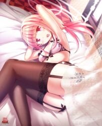 ass bed bedroom black_panties bra chauke curvaceous curvy curvy_body curvy_female curvy_figure garter_belt garter_straps legs magia_record:_mahou_shoujo_madoka_magica_gaiden mahou_shoujo_madoka_magica pink_eyes pink_hair puella_magi_madoka_magica seductive seductive_eyes seductive_look seductive_mouth sensual stockings tamaki_iroha teen teenage_girl teenager young