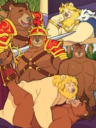 absurd_res anal anthro armor bear beard bed_sheet bedding bedroom_eyes blonde_beard blonde_hair bodily_fluids body_hair bracelet brooch brown_bear brown_body brown_eyes brown_fur brown_hair brown_pubes cape cel_shading cheek_tuft claws closed_eyes closed_smile clothed clothing column crown day detailed_background duo facial_hair facial_tuft flaccid flower from_front_position fur fur_cape fur_trim_(clothing) galea gem genitals gold_(metal) gold_jewelry grass grolar_bear hair happy_trail harness headgear helmet hi_res high-angle_view holding_object holding_sword holding_weapon hybrid inside jewelry king knight laminar_armor legs_up long_hair longsword looking_at_another looking_at_viewer looking_down looking_down_at_partner low-angle_view lying male male/male mammal melee_weapon missionary_position moobs mouth_closed multiple_angles multiple_scenes musclegut narrowed_eyes nude on_back open_mouth open_smile outside overweight overweight_male partially_clothed pawpads pecs penis pillar plant ponytail pubes quasarbearcat royalty seductive sex shaded short_tail skimpy_armor sky smile straps surprise surprised_expression sweat sweatdrop sword tail tan_body tan_fur tuft ursine vambraces warrior water wavy_hair weapon weapon_on_shoulder yellow_body yellow_eyes yellow_fur