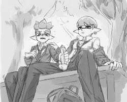 backpack black_and_white clothed clothing flustered gay hand_on_shoulder handjob inkling inkling_boy male male/male male_only mostly_clothed no_color outdoors reonlock ring splatoon splatoon_2 student students tie tree trees yaoi