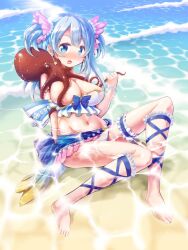 1girls absurd_res absurdres barefoot beach bikini blue_eyes blue_hair blue_sky chauke feet female_focus highres magia_record:_mahou_shoujo_madoka_magica_gaiden mahou_shoujo_madoka_magica minami_rena octopus outdoor puella_magi_madoka_magica sea short_hair sky soles solo_focus swimsuit tentacle tentacles toes tsundere white_skin