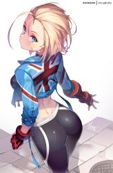 1girls ass bare_shoulders black_gloves black_pants black_sports_bra blonde_hair blue_eyes blue_jacket blush breasts cammy_white dat_ass facial_scar female female_only fingerless_gloves fully_clothed gloves hong_(white_spider) jacket large_breasts looking_at_viewer looking_back open_clothes open_jacket pants scar scar_on_cheek scar_on_face short_hair solo sports_bra street_fighter street_fighter_6 thighs tight tight_pants union_jack