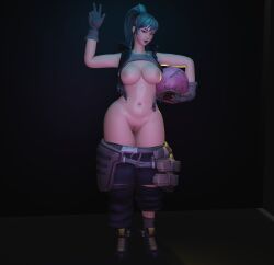 1girls black_void facing_viewer fortnite fortnite:_battle_royale full_body functionally_nude_female gloves green_hair half-dressed half_naked hartman_hips haziest_mirage high_ponytail innie_pussy legs_together looking_at_viewer mascot_costume mascot_head medium_breasts pants_down peace_sign pussy ragsy_(fortnite) solo standing syd_(fortnite) teal_hair w wide_hips