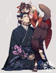 1boy 1girls black_hair brown_hair burn_scar cleavage eye_patch feet female fromsoftware full_body genderswap_(mtf) genichiro_ashina hakama japanese_clothes kemonomimi larger_male male off_shoulder prosthetic_arm rule_63 sekiro sekiro:_shadows_die_twice sinzui size_difference smaller_female soles standing sweatdrop tail tanuki_ears tanuki_girl tanuki_humanoid tanuki_tail wholesome youkai