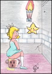 1girls 1other 2021 dungeon female female_focus human indoors looking_at_another luma mario_(series) nintendo peeing princess princess_rosalina rdk reddragonkan sitting tagme watersports