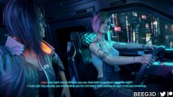 2girls 3d beeg3d car_interior cd_projekt_red cyberpunk_2077 driving english_text female female_focus female_only judy_alvarez purple_hair smile tattoo tattoos text v_(cyberpunk_2077) valerie_(cyberpunk_2077) yuri