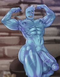 1boy bara big_penis big_weist elemental_(pixar) elemental_humanoid flexing male male_focus male_only muscles muscular muscular_male precum solo solo_focus solo_male veiny_penis wade_ripple water yoruunsfw