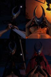 anthro arachnid arthropod campfire cloak clothing cowgirl_position desert dominant dominant_female duo fellatio female first_person_view from_front_position garwaron goat_vr hi_res hollow_knight hornet_(hollow_knight) lying male male/female missionary_position night on_back on_bottom on_top oral penile sex spider team_cherry