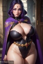 1girls ai_generated big_breasts black_leotard blurry_background capelet dc dc_comics feet female female_focus female_only huge_breasts jewelry large_breasts latex leotard light-skinned_female light_skin looking_at_viewer patreon_username purple_capelet purple_eyes purple_hair rachel_roth raven_(dc) realistic short_hair sideboob solo straight tagme teen_titans thick_body thick_thighs twitter_username wide_hips winterzone