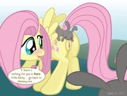 2011 blush color day english_text equine female feral fluttershy_(mlp) friendship_is_magic fur furry furry_only hair hooves horse lagomorph my_little_pony outdoors pegasus pink_hair pussy rabbit raised_tail syoee_b tail text wings