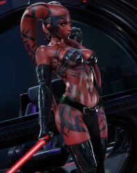 1girls 3d alien alien_girl breasts darth_talon female female_only lekku lightsaber medium_breasts red_lightsaber red_skin sevenbees source_request star_wars tattoo twi'lek