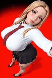 1girls 3d 3d_(artwork) ai ai_generated big_ass big_breasts blonde_hair breasts busty button_down_shirt female fishnets hd hi_res high_resolution highres long_hair pleated_skirt radnsad sindy(oc) solo solo_female solo_focus thick_ass thick_thighs tie