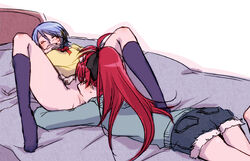 2girls bed blue_hair closed_eyes clothed_sex comic covering_mouth cunnilingus cutoffs denim denim_shorts female female_only hand_over_own_mouth kneehighs long_hair lying mahou_shoujo_madoka_magica miki_sayaka multiple_girls no_panties on_back on_stomach oral ponytail red_hair sakura_kyouko school_uniform sekihara_umina short_hair shorts spread_legs tied_hair yuri