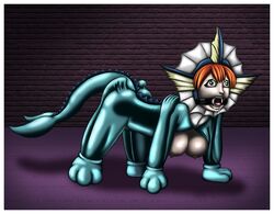 bitchsuit bondage breasts breasts_out gag hanging_breasts human human_only kasumi_(pokemon) latex nintendo open_mouth_gag orange_hair piddlefours pokemon pokemon_(cosplay) ring_gag solo solo_female toyification vaporeon vaporeon_(cosplay)