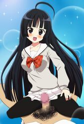 1boy 1girls ahoge big_breasts black_hair blush breasts censored clothed clothing duo erection faceless_male female jewelpet jewelpet_sunshine looking_at_viewer male mizushiro_kanon pantyhose penis pov pubes pubic_hair sanrio school_uniform sex simple_background smile straight thigh_sex thighs