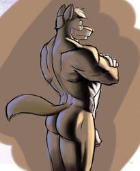 1boy anthro ass canine fur furry male male_only monochrome muscles nude penis poop_(artist) pose solo tail uncut wolf