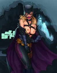 1girls ball_gag batgirl batgirl_(stephanie_brown) batman_(series) blonde_hair blue_eyes bodysuit breasts dc dc_comics dog_collar gag gagged harness nipples saneperson stephanie_brown