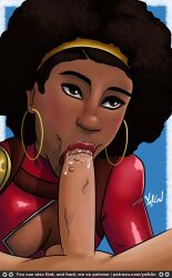 yolkiin female male penis erection afro earrings dark_skin dark-skinned_female misty_knight marvel oral oral_sex fellatio 2019 1girls 1boy