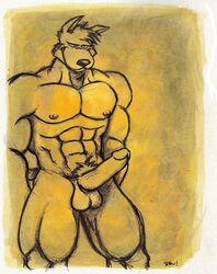 abs anthro balls biceps big_penis bodybuilder canine fur furry male male_only monochrome muscles nipples nude pecs penis pose rthur solo wolf