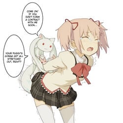 clothed_sex crossed_arms female hard_translated highres human kyoudyu kyuubee madoka_kaname mahou_shoujo_madoka_magica rape school_uniform sex simple_background tear thighhighs translated trembling