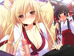 animal_ear black_hair blonde_hair blush bow breasts censored cleavage emily_(artist) emily_(pure_dream) emily_(sstomomi) erect_nipples fox fox_ear fox_tail fur hairbow hakama handjob japanese_clothes large_breasts long_hair looking_at_viewer miko multiple_girls naughty_face open_mouth original penis smile tail